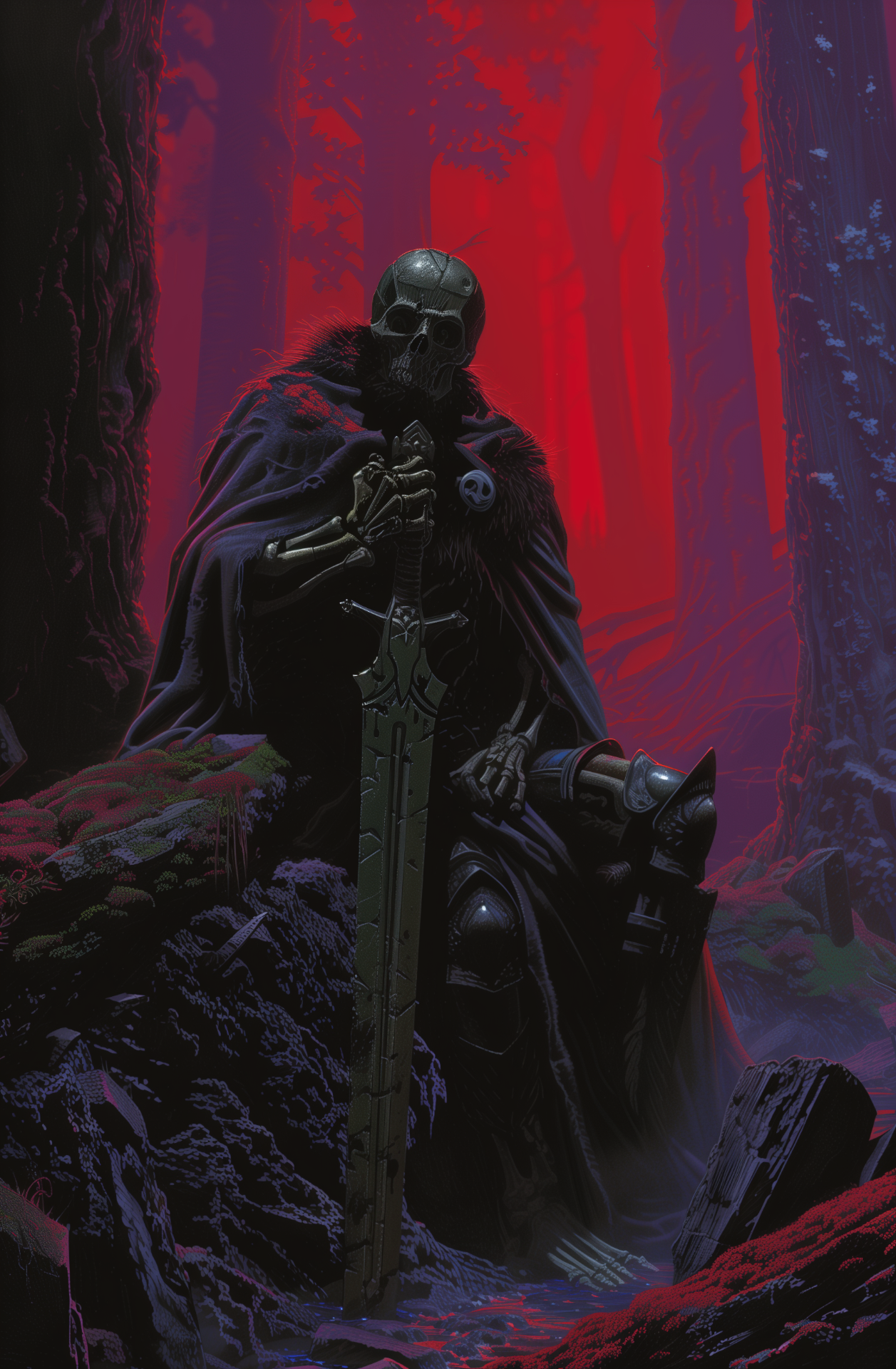 Undead skeleton knight leaning on a corroded sword in a red and purple forest